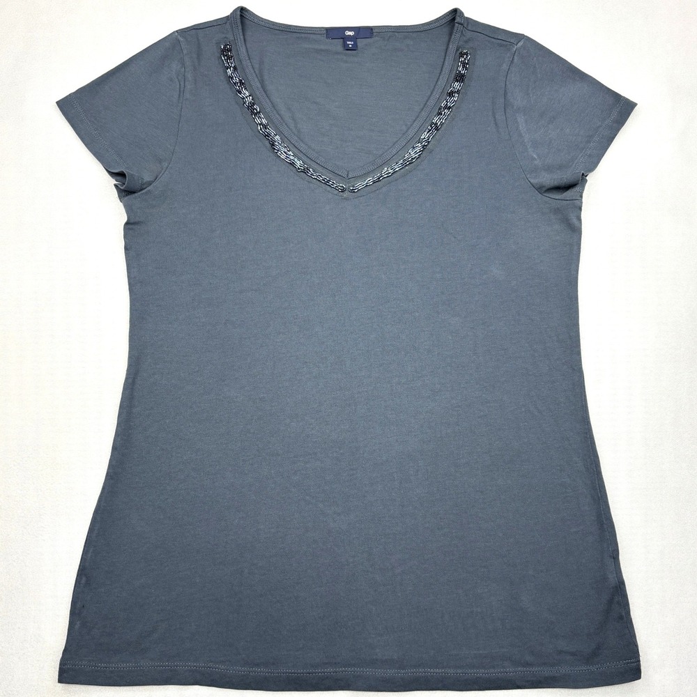 Gap Shirt Womens Medium Gray 100 Pima Cotton Beaded V Neck Short Sleeve Tee Top